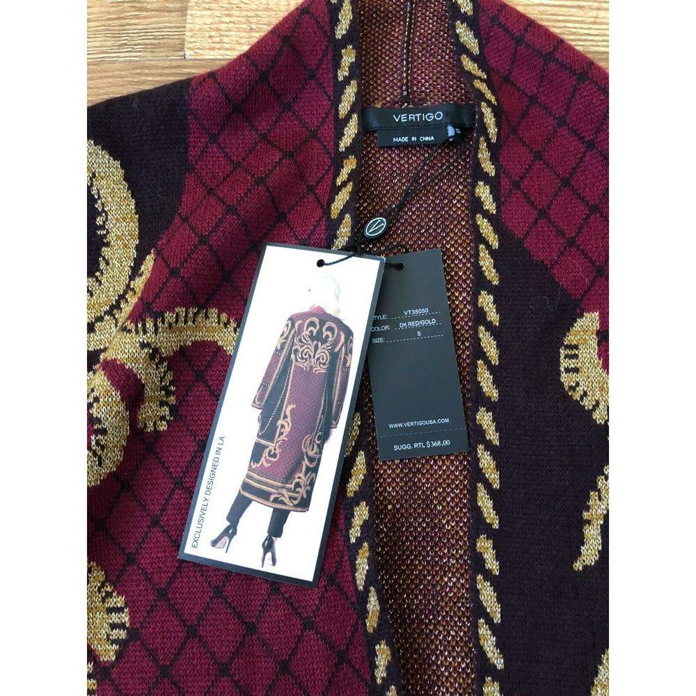 Vertigo Jacquard Black/Red/Gold Long Open Wool Blend Cardigan Sweater Size S NWT - Picture 4 of 11